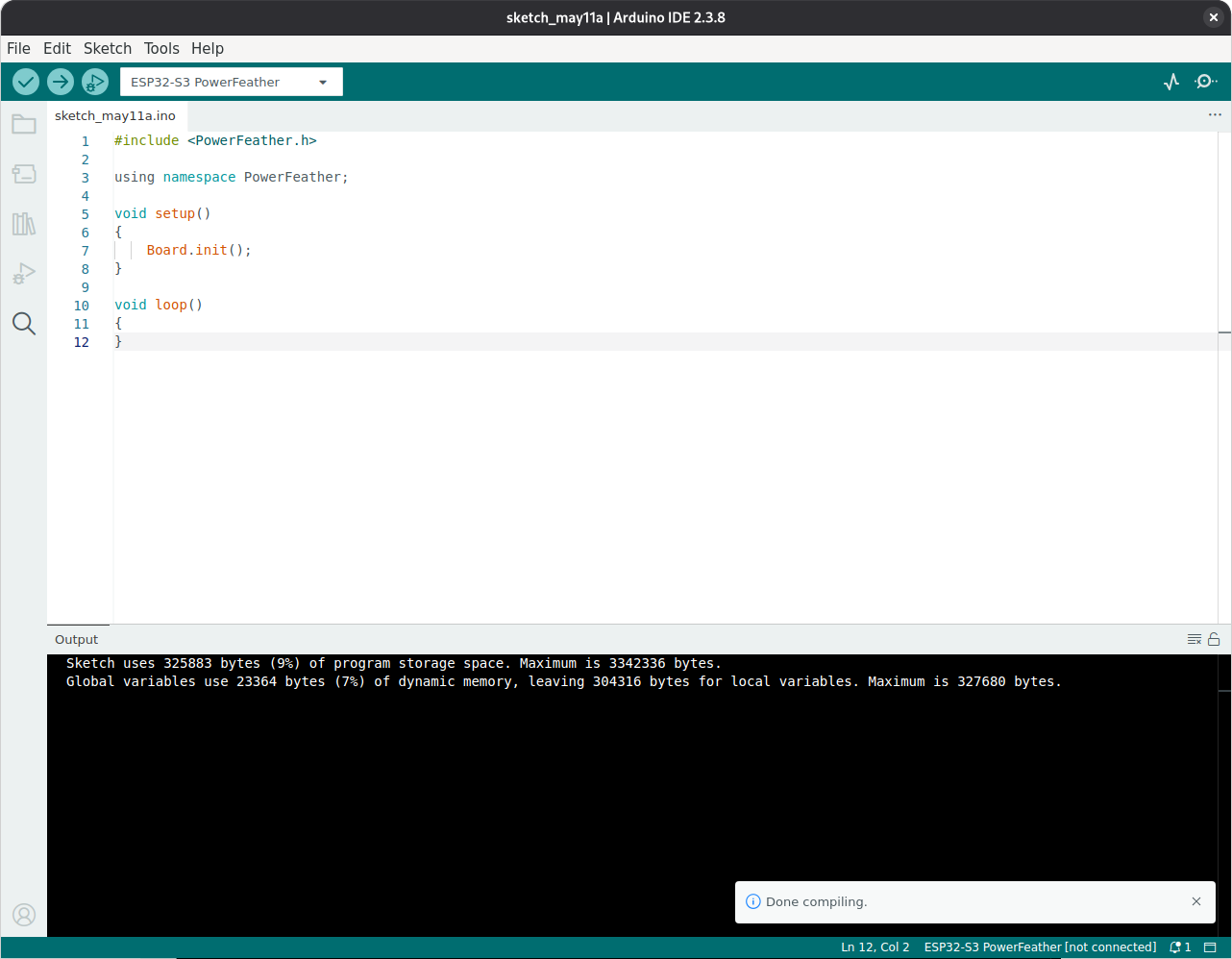 Arduino IDE output showing the minimal PowerFeather sketch built successfully
