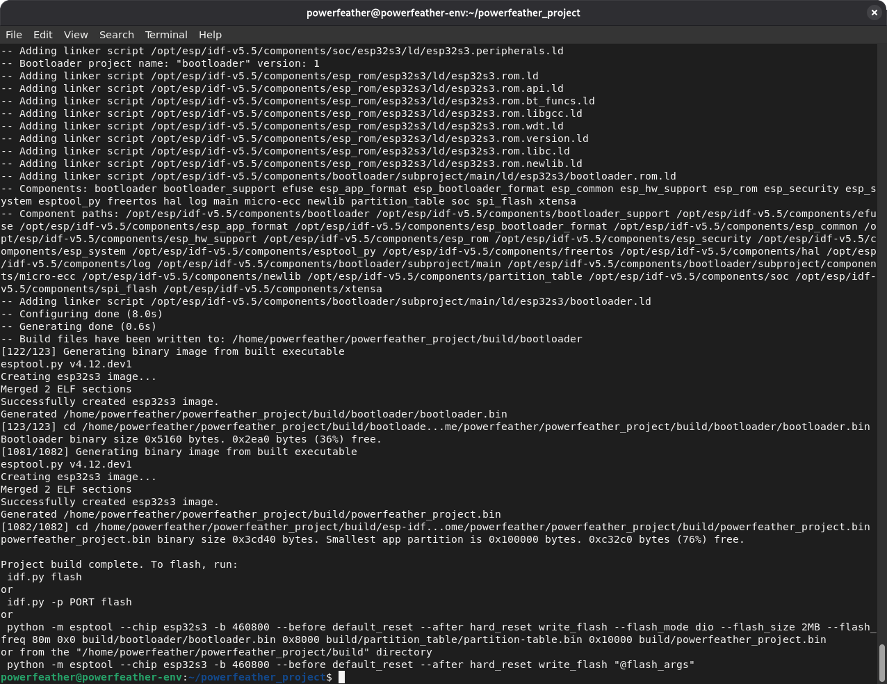 Terminal showing the ESP-IDF sample project build completed successfully