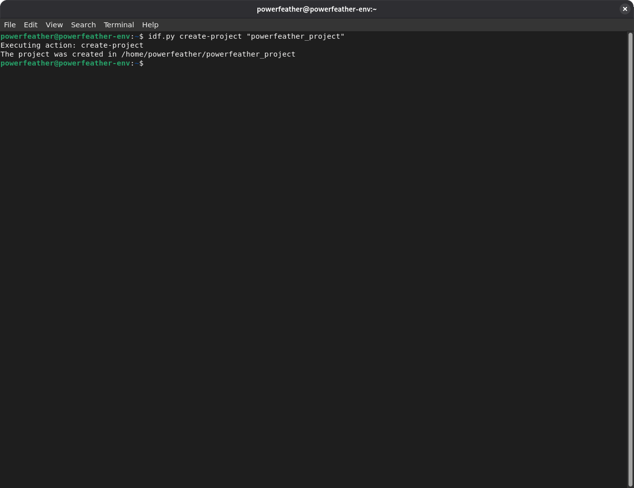 Terminal showing idf.py create-project "powerfeather_project" completed successfully