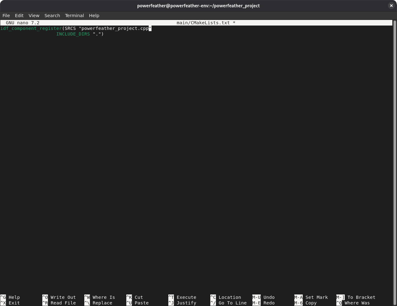 Editor showing main/CMakeLists.txt updated to reference powerfeather_project.cpp