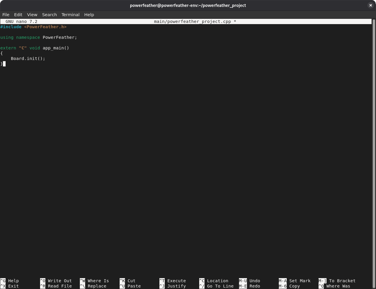 Editor showing the minimal main/powerfeather_project.cpp code