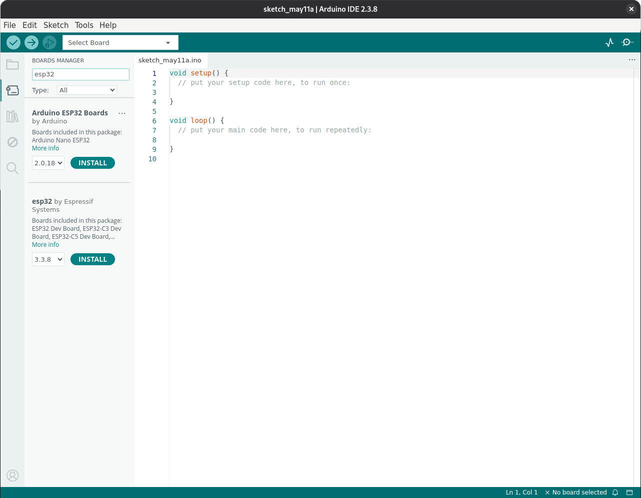 Arduino IDE Boards Manager showing ESP32 board support installed