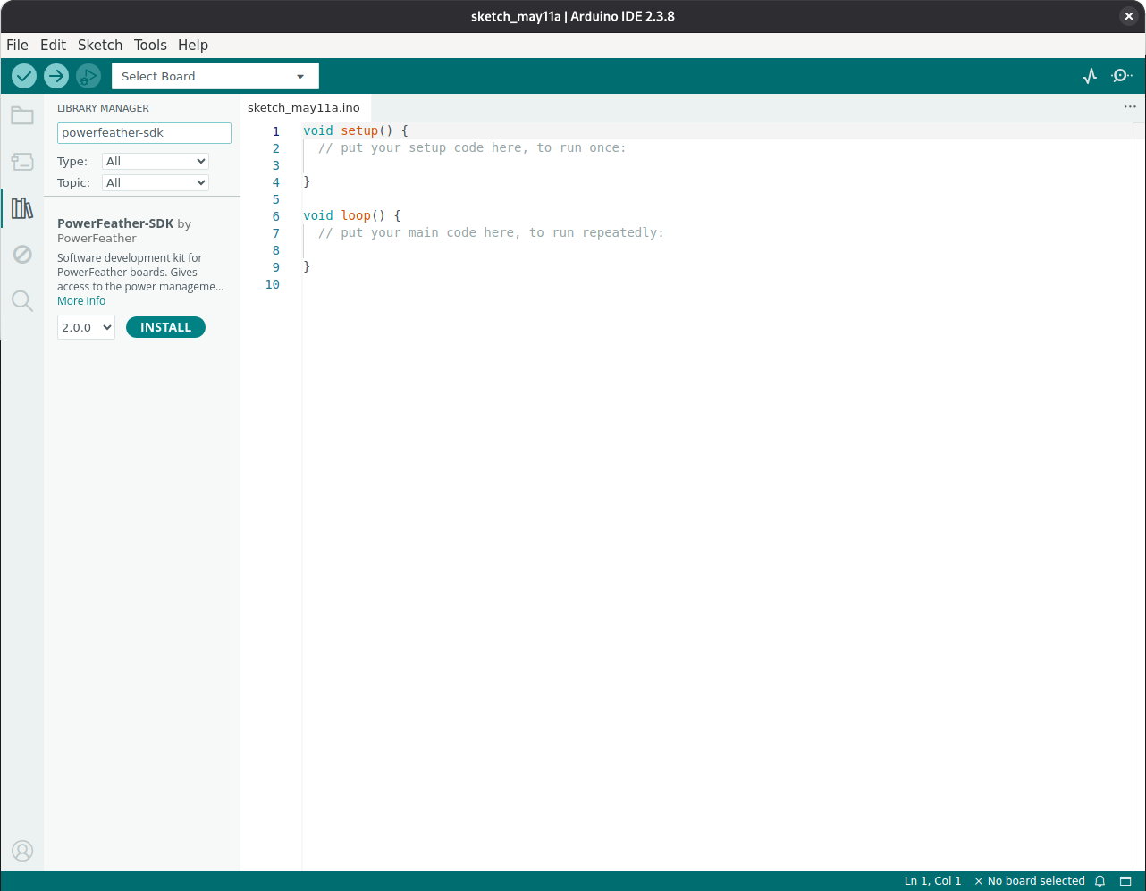 Arduino Library Manager showing PowerFeather-SDK 2.0.0 or newer installed