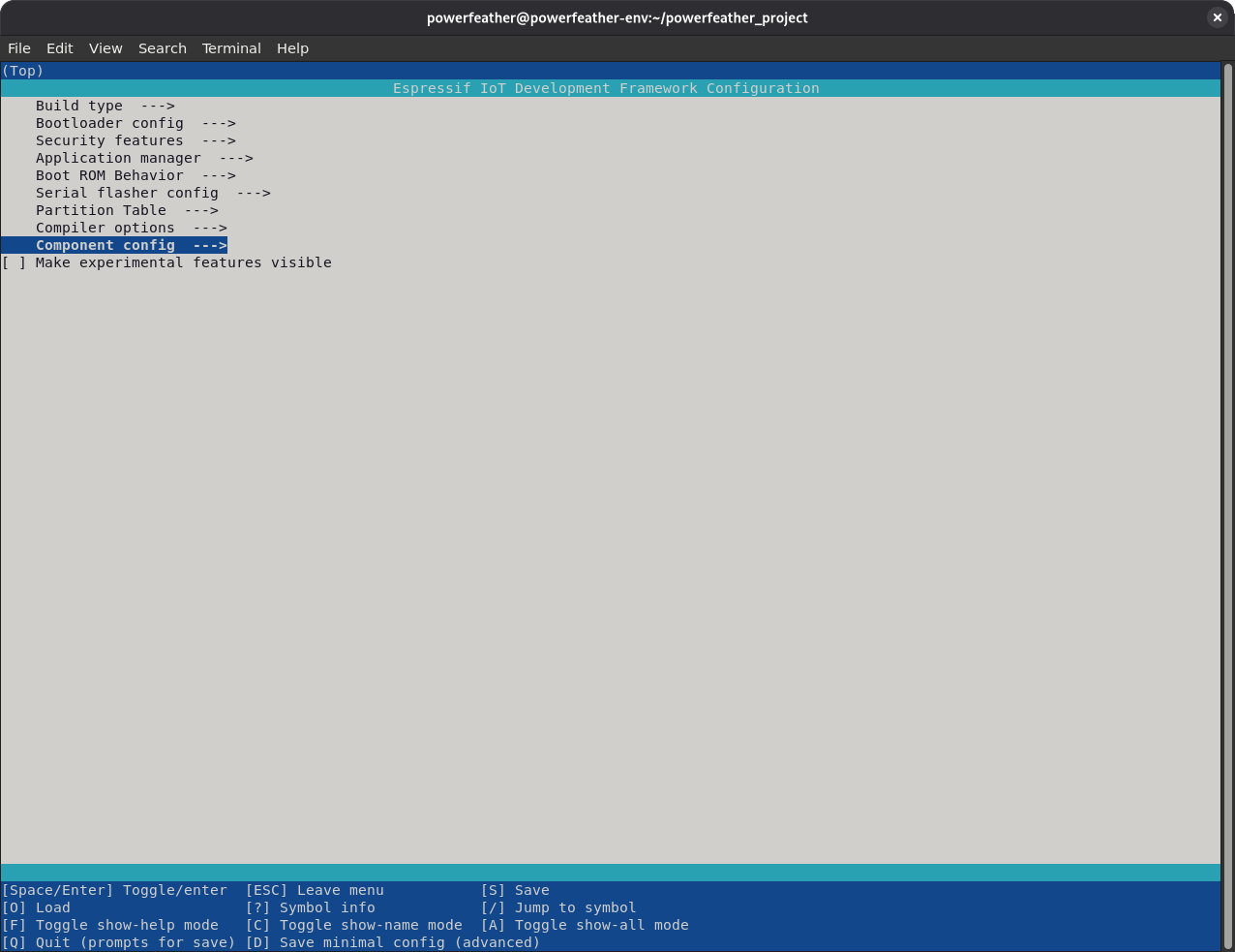 ESP-IDF menuconfig showing the PowerFeather-SDK component config