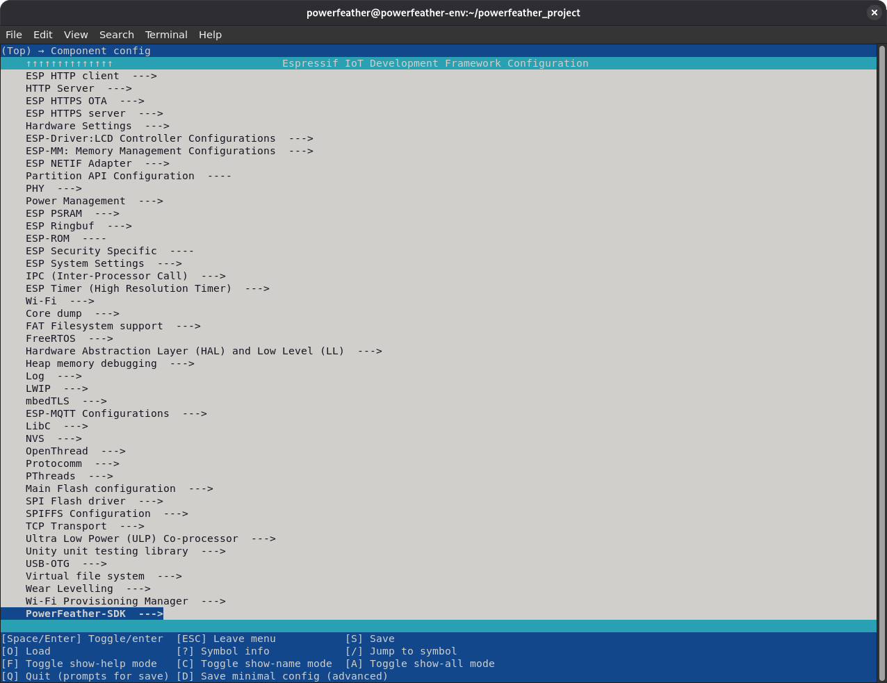 ESP-IDF menuconfig showing the PowerFeather board revision menu