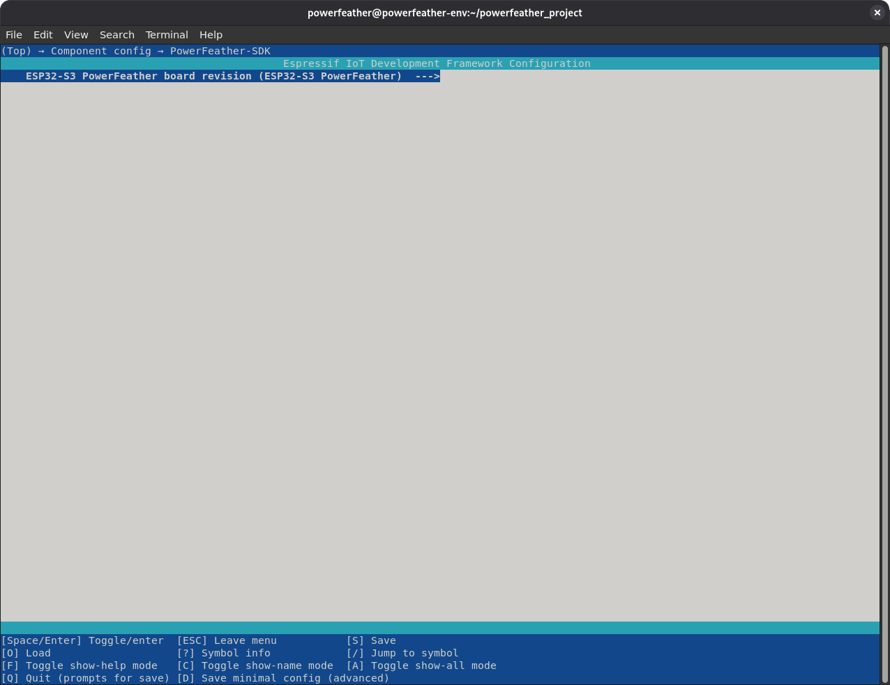 ESP-IDF menuconfig showing the ESP32-S3 PowerFeather V2 option