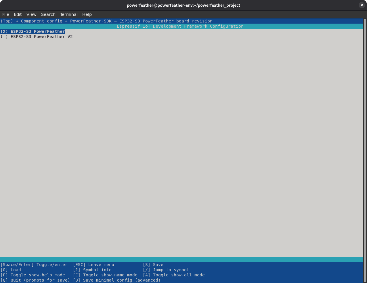 ESP-IDF menuconfig showing the PowerFeather board revision set to ESP32-S3 PowerFeather V2