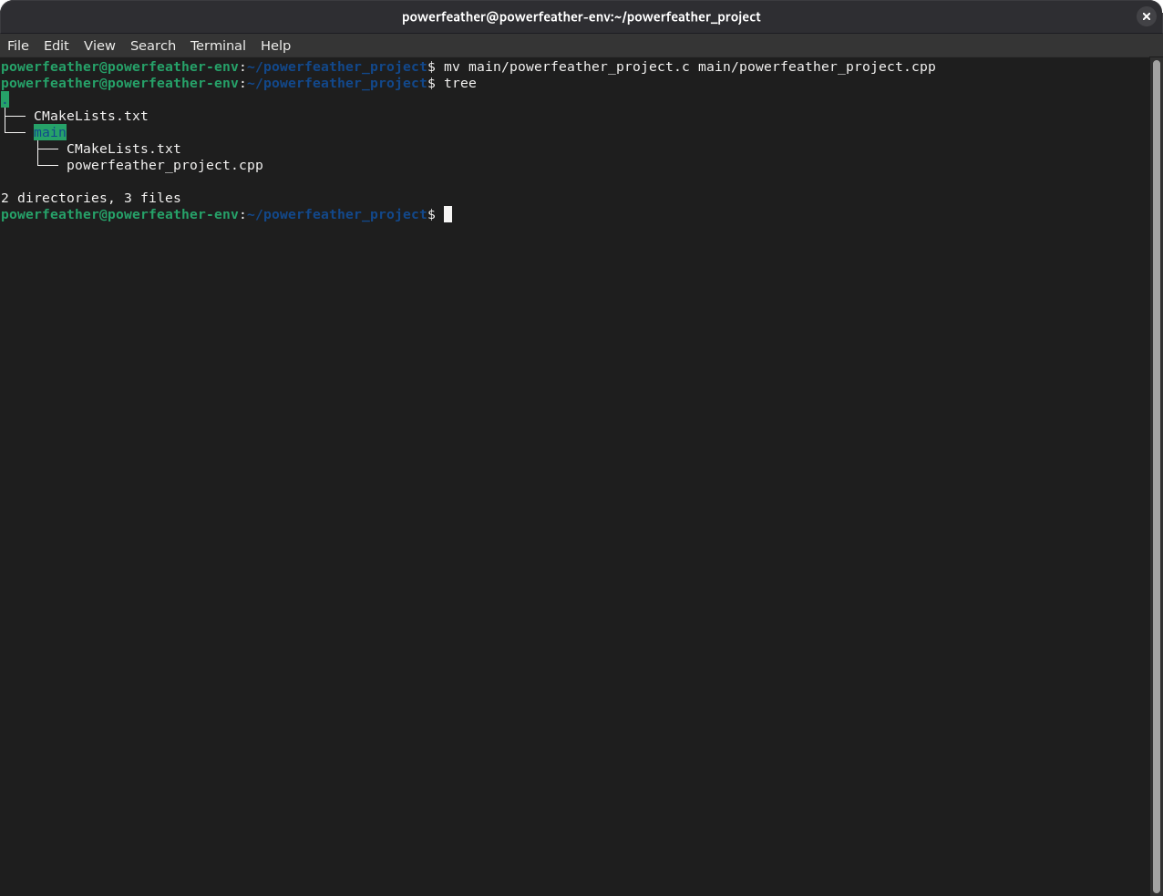File explorer or terminal tree showing main/powerfeather_project.cpp after renaming