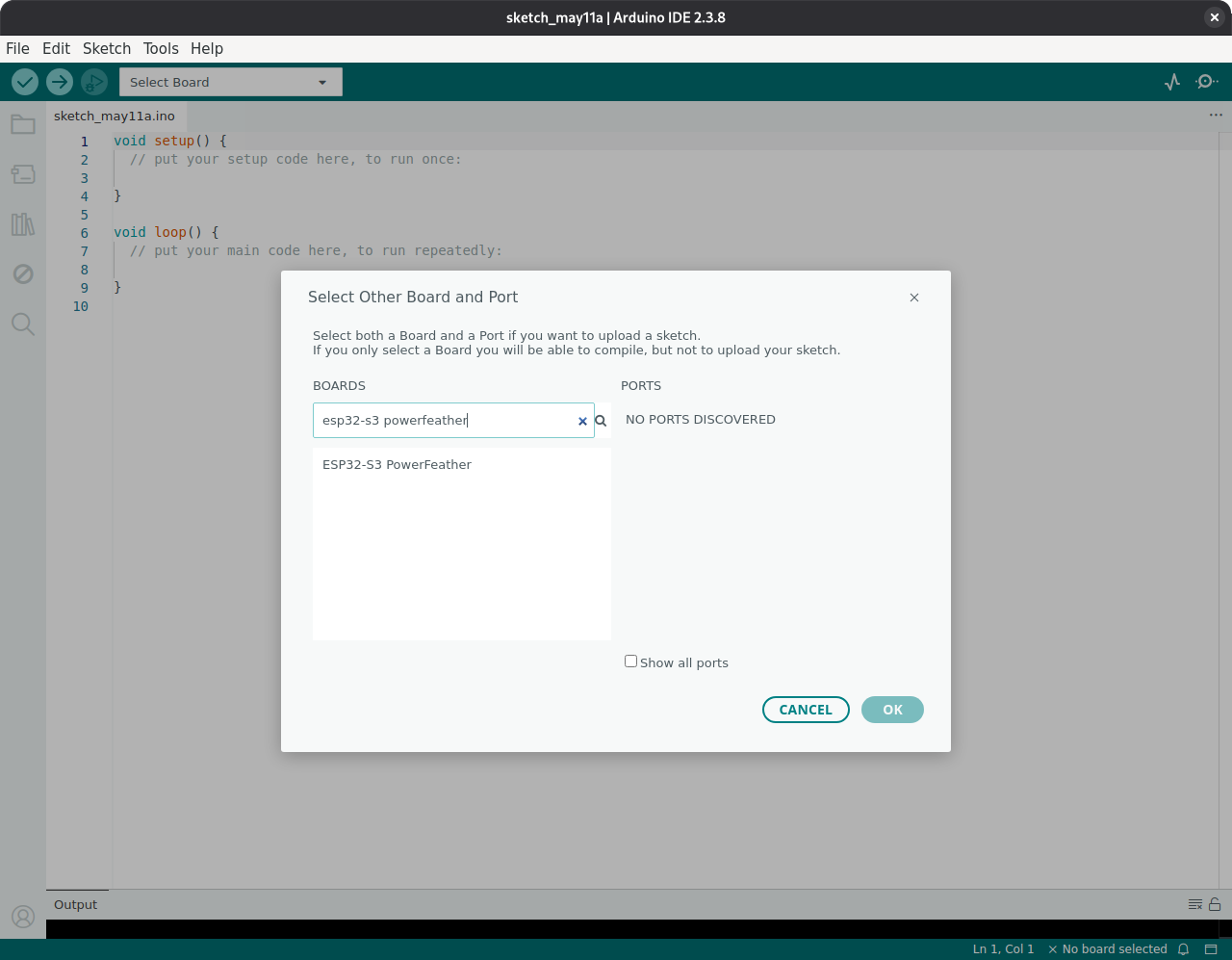 Arduino IDE Tools menu showing the ESP32-S3 PowerFeather board selected