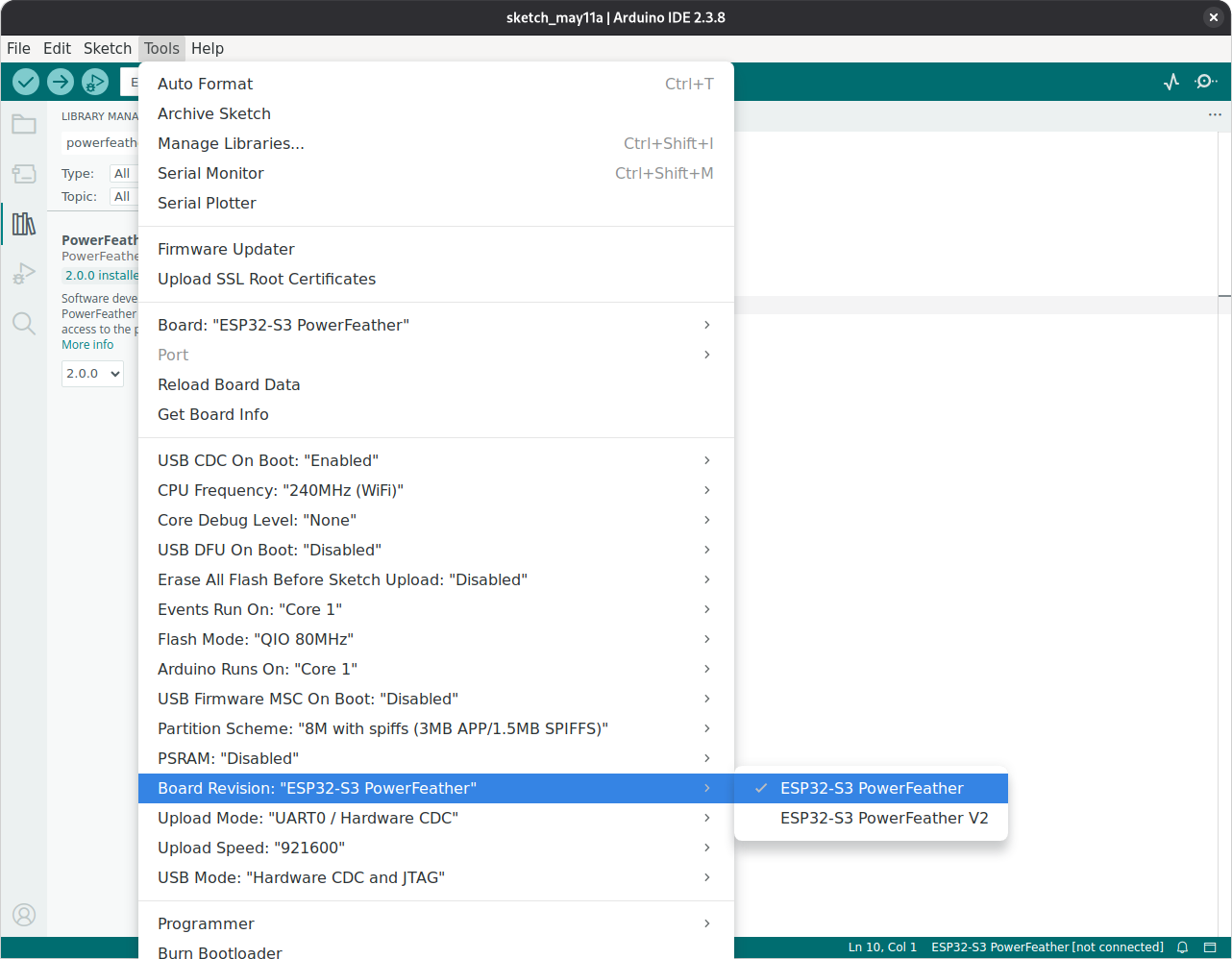 Arduino IDE Tools menu showing Board Revision set to ESP32-S3 PowerFeather V2